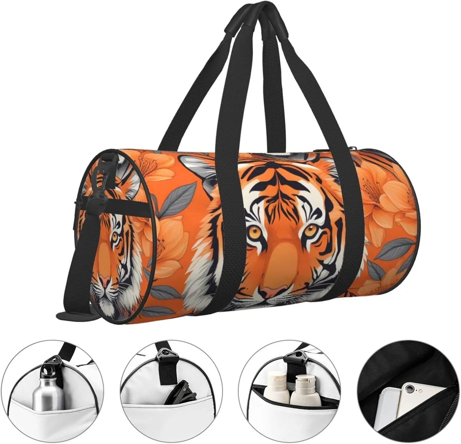 Tiger Stripes Orange Pattern Printed Travel Bag,Round Personal Item Storage bag,Foldie Duffel Bag for Traveling Vacation,Fitness,Sports