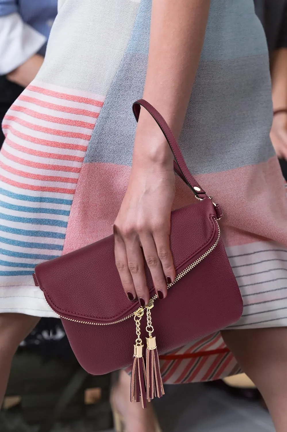 UTO Envelope Wristlet Clutch Crossbody Bag for Women Double Tassel Cellphone Trendy Purse with Strap and Zip Pocket