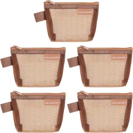 uxcell Mini Zipper Mesh Bag 3" x 5", 5 Pcs Nylon Small Makeup Zipper Mesh Pouch Cosmetic Case Mesh Storage Bags for Earphone, Credit Card, Brown