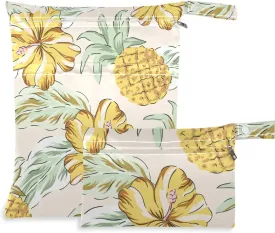 visesunny Tropical Yellow Pineapple and Flower 2Pcs Wet Bag with Zippered Pockets Washable Reusable Roomy for Travel,Beach,Pool,Daycare,Stroller,Diapers,Dirty Gym Clothes, Wet Swimsuits, Toiletries