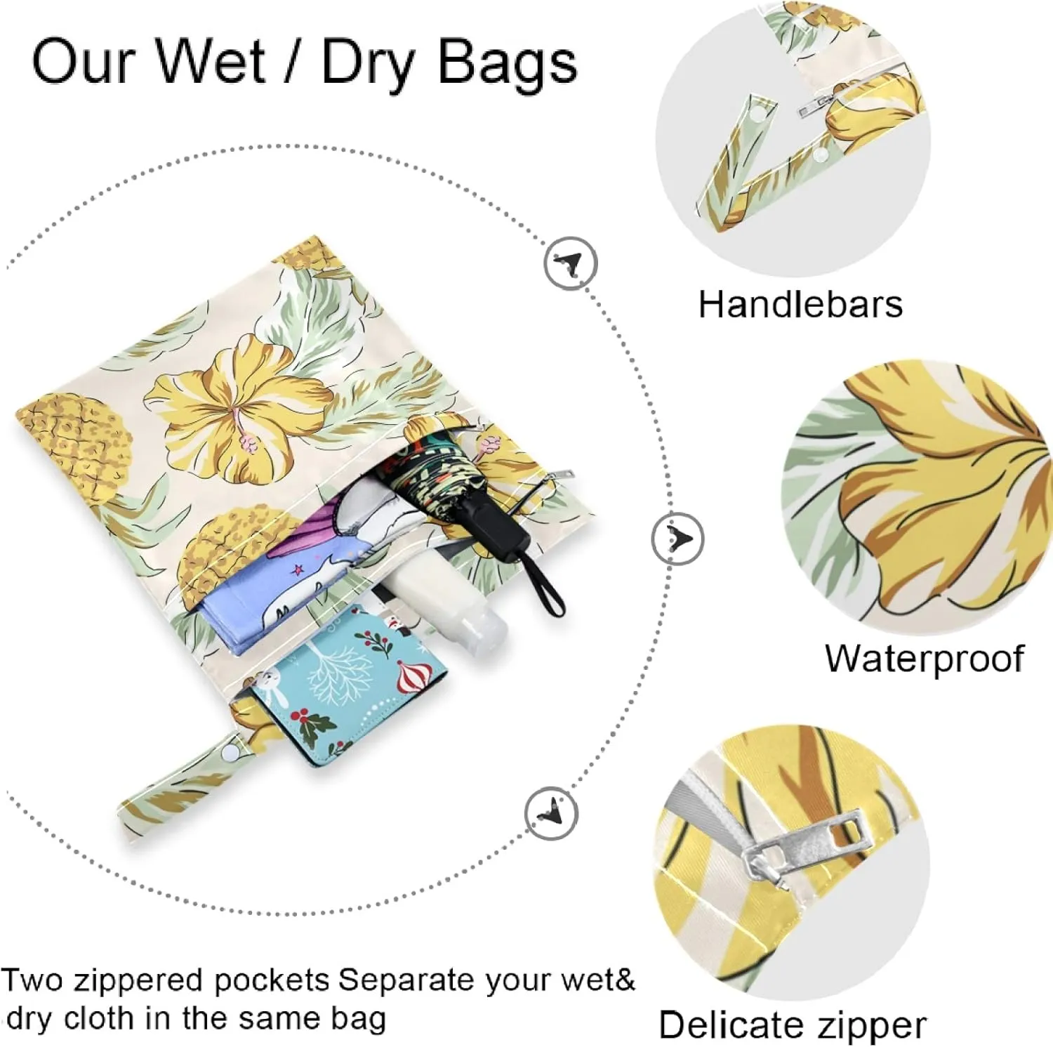 visesunny Tropical Yellow Pineapple and Flower 2Pcs Wet Bag with Zippered Pockets Washable Reusable Roomy for Travel,Beach,Pool,Daycare,Stroller,Diapers,Dirty Gym Clothes, Wet Swimsuits, Toiletries