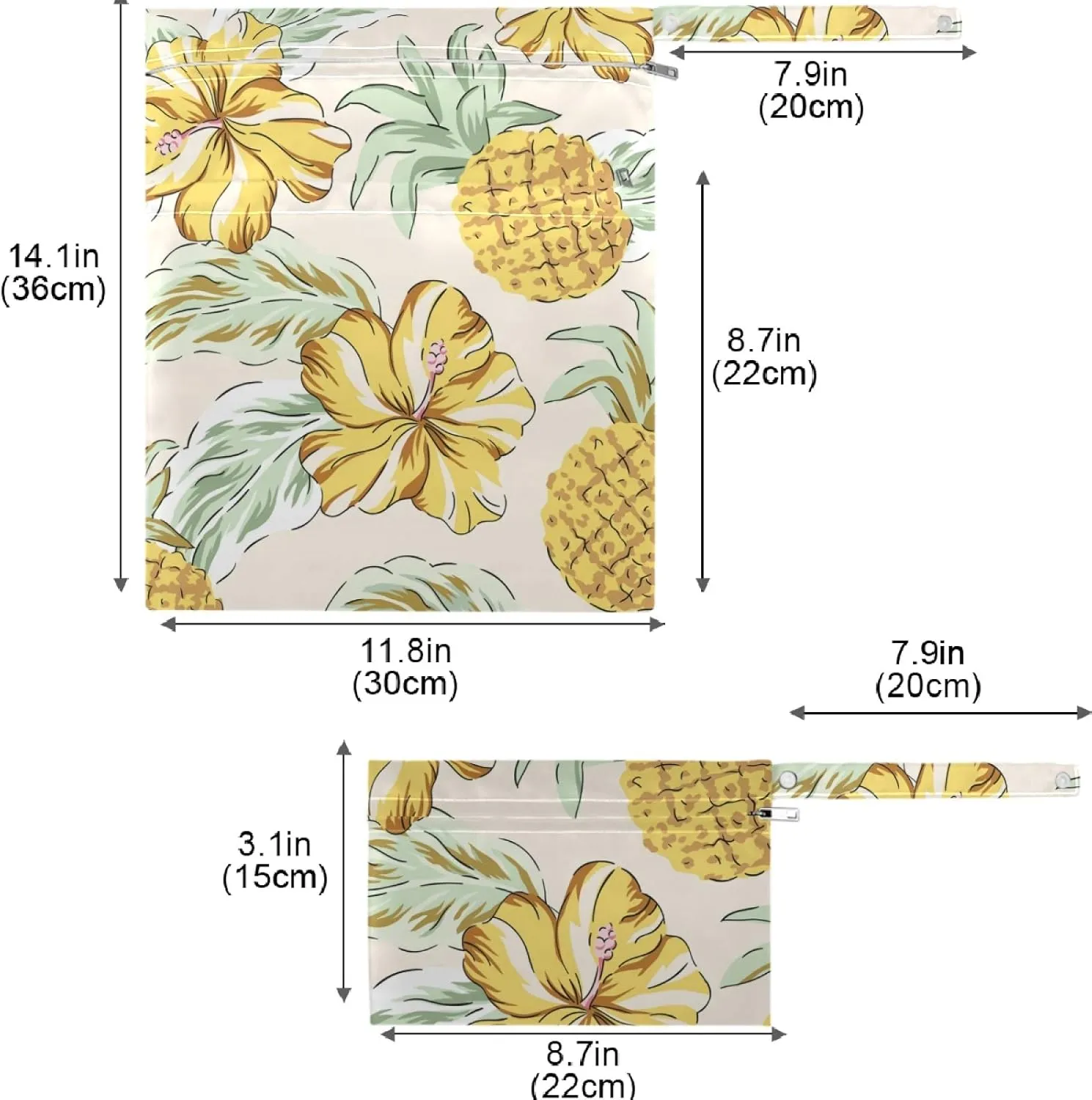 visesunny Tropical Yellow Pineapple and Flower 2Pcs Wet Bag with Zippered Pockets Washable Reusable Roomy for Travel,Beach,Pool,Daycare,Stroller,Diapers,Dirty Gym Clothes, Wet Swimsuits, Toiletries