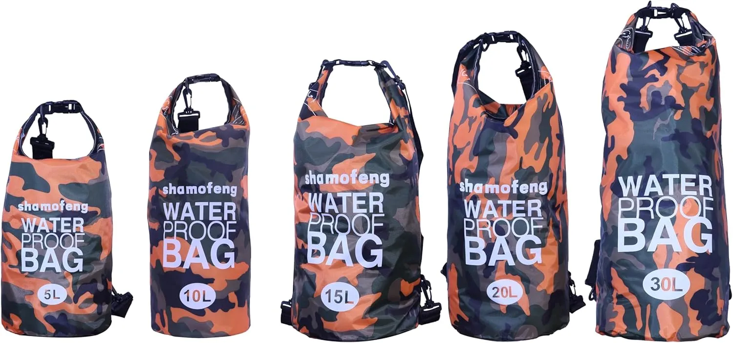 Waterproof Dry Bag Combo 5-30L Roll Top Dry Storage Bag Backpack for Kayaking Boating Beach Camping Travel Fishing, w/Phone Case & Collapsible Water Bottle & Sunglasses & Ear Band,Orange 5L