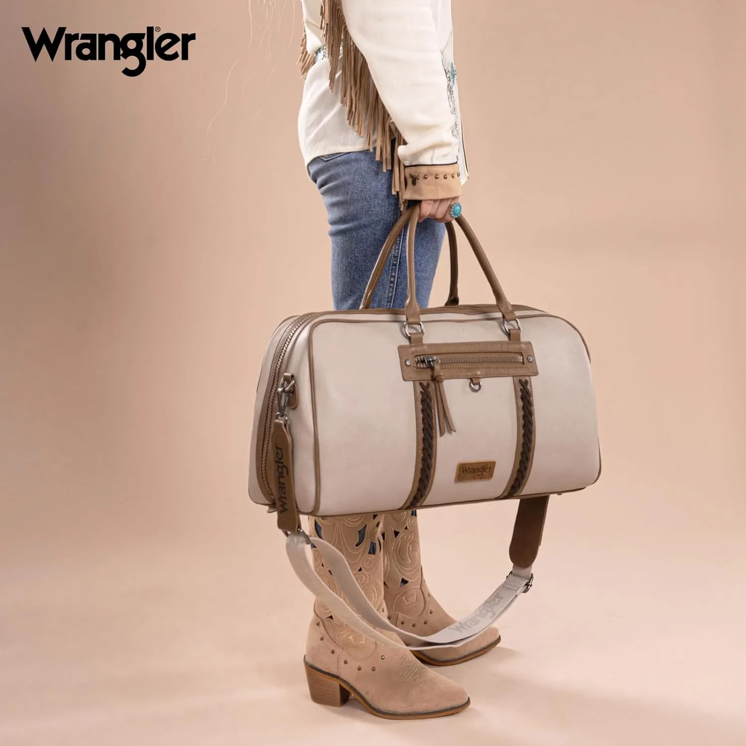Wrangler Travel Duffel Bag Large Weekender Bag for Women Designer Carry on Overnight Bag for Trips Leather Luggage Bag Gray